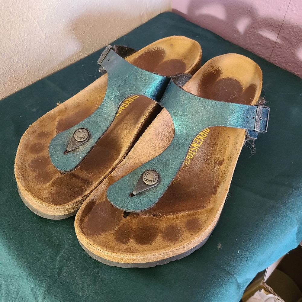 Birkenstock Gizeh Sandal Women 40 Metallic Teal Iridescent Leather Thong EUC